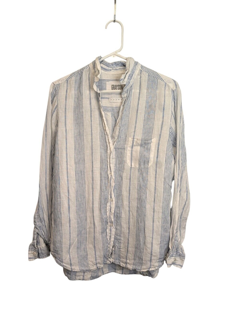 Grayson The Hero Linen Shirt Womens 03 Blue White Stripe Band Collar Blouse
